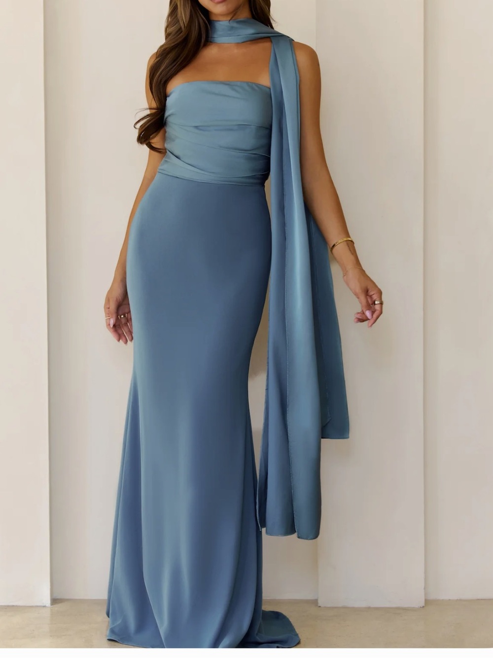 Hello Molly Strapless Satin Maxi Dress in Dusty Blue